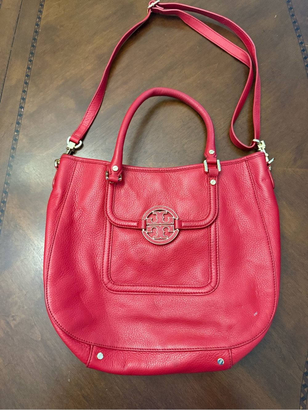 Tory Burch Pink-Red Pebbled Leather Shoulder Tote with Logo Medallion
